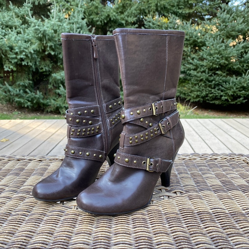 Sophie Max Boots 7 Brown Gold Studded Strappy Buckle Heel Side Zip